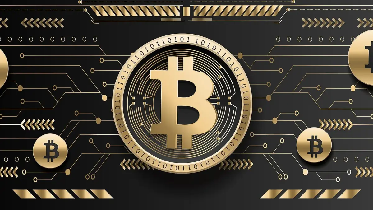 A golden coin bearing the Bitcoin symbol