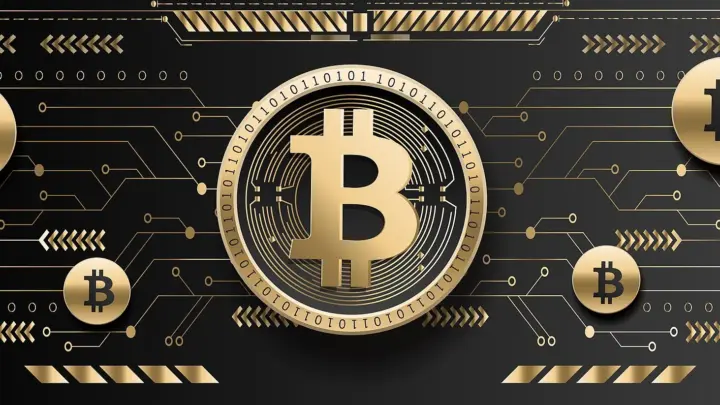 A golden coin bearing the Bitcoin symbol