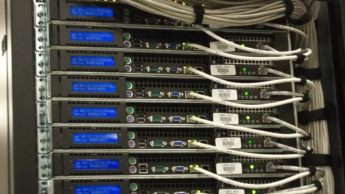 Close-up of cabling at the rear of a data centre rack